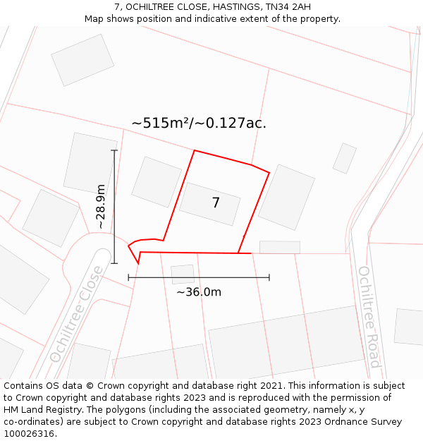 7, OCHILTREE CLOSE, HASTINGS, TN34 2AH: Plot and title map