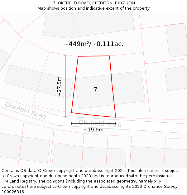 7, OKEFIELD ROAD, CREDITON, EX17 2DN: Plot and title map