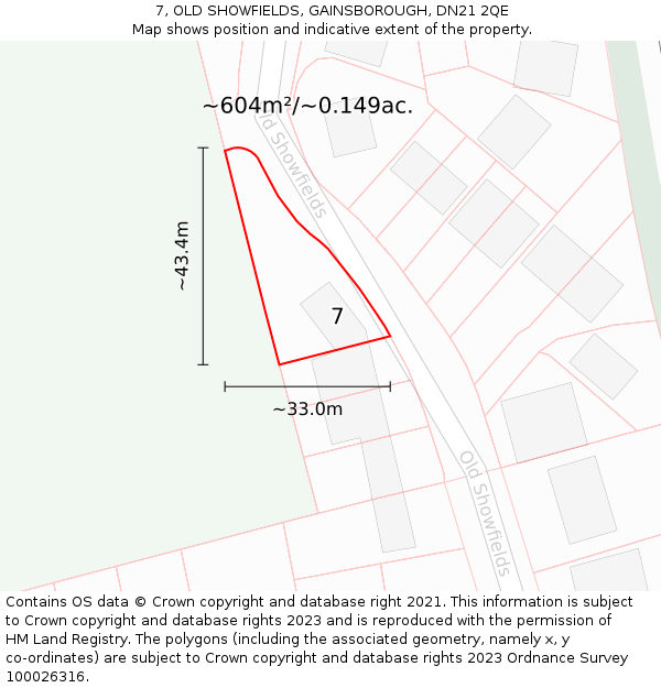 7, OLD SHOWFIELDS, GAINSBOROUGH, DN21 2QE: Plot and title map