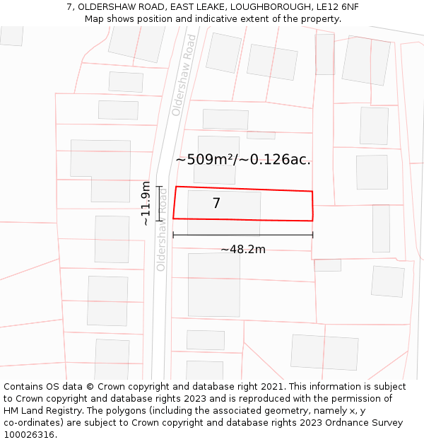 7, OLDERSHAW ROAD, EAST LEAKE, LOUGHBOROUGH, LE12 6NF: Plot and title map