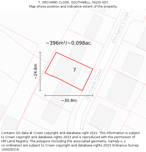7, ORCHARD CLOSE, SOUTHWELL, NG25 0DY: Plot and title map
