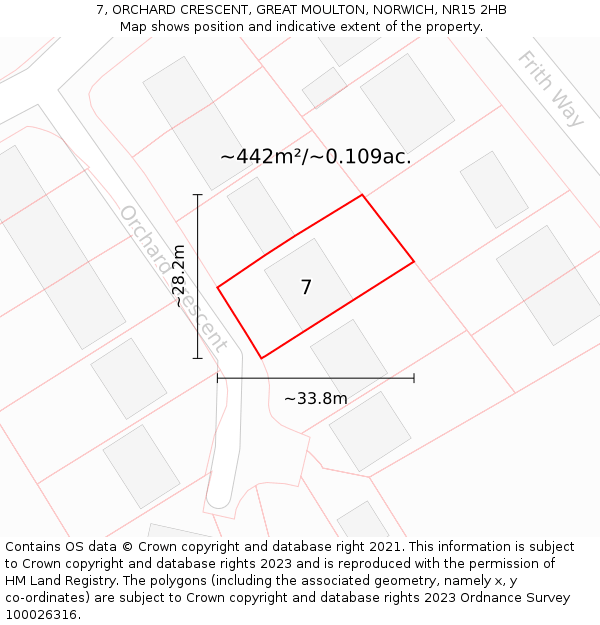 7, ORCHARD CRESCENT, GREAT MOULTON, NORWICH, NR15 2HB: Plot and title map