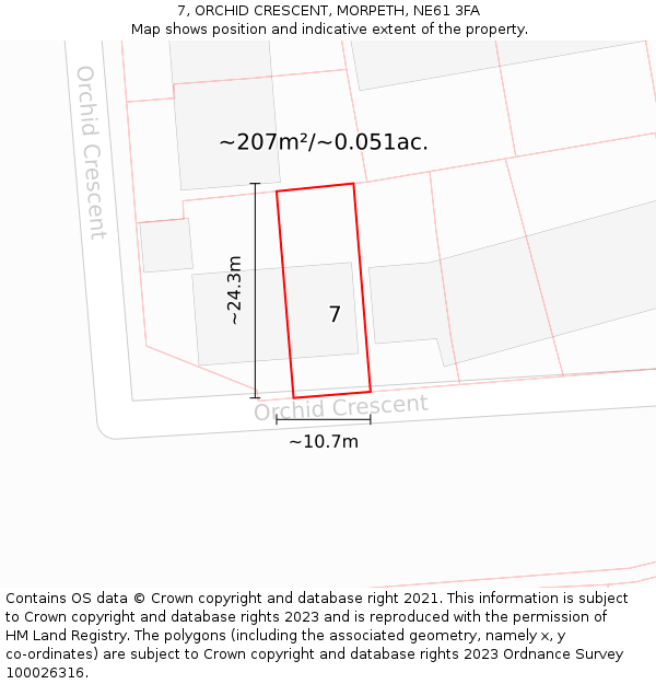 7, ORCHID CRESCENT, MORPETH, NE61 3FA: Plot and title map