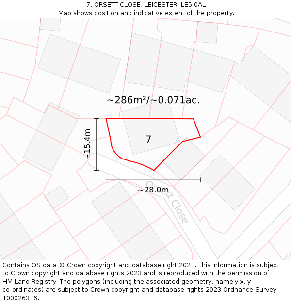 7, ORSETT CLOSE, LEICESTER, LE5 0AL: Plot and title map