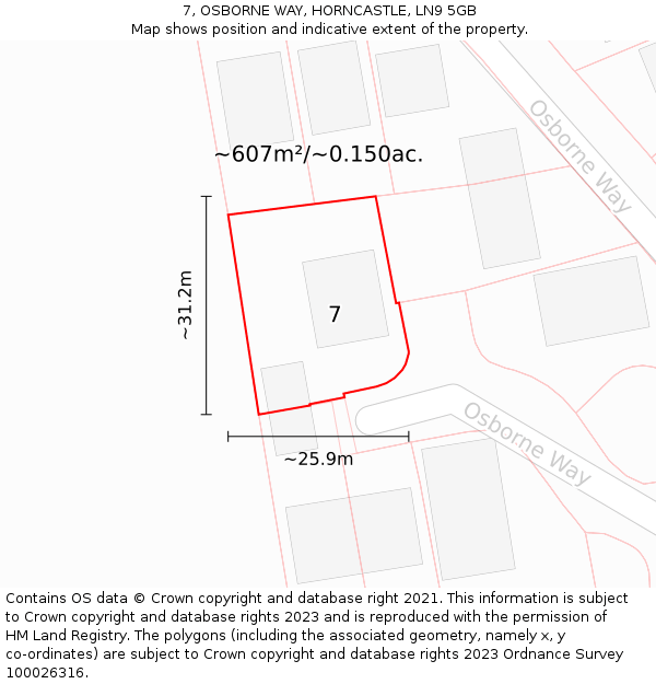 7, OSBORNE WAY, HORNCASTLE, LN9 5GB: Plot and title map