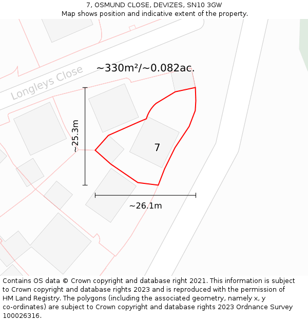 7, OSMUND CLOSE, DEVIZES, SN10 3GW: Plot and title map