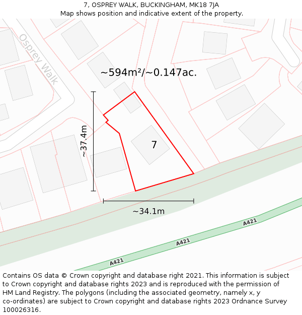 7, OSPREY WALK, BUCKINGHAM, MK18 7JA: Plot and title map