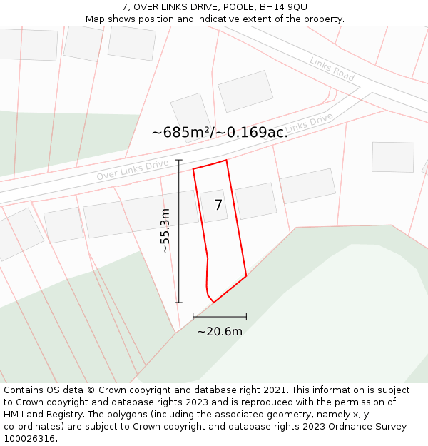 7, OVER LINKS DRIVE, POOLE, BH14 9QU: Plot and title map