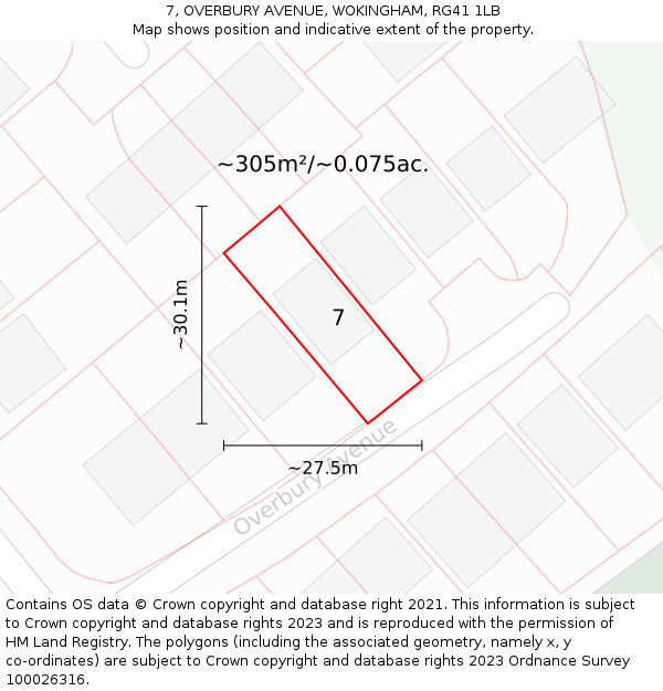 7, OVERBURY AVENUE, WOKINGHAM, RG41 1LB: Plot and title map