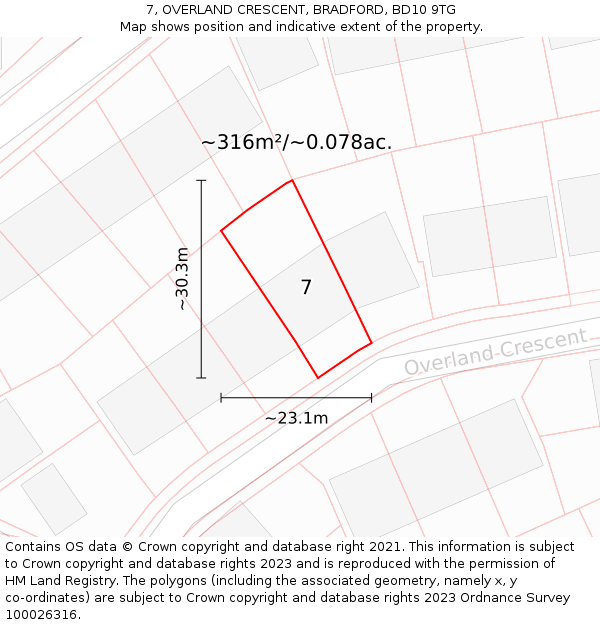 7, OVERLAND CRESCENT, BRADFORD, BD10 9TG: Plot and title map