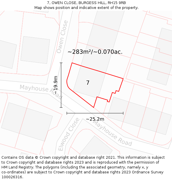 7, OWEN CLOSE, BURGESS HILL, RH15 9RB: Plot and title map