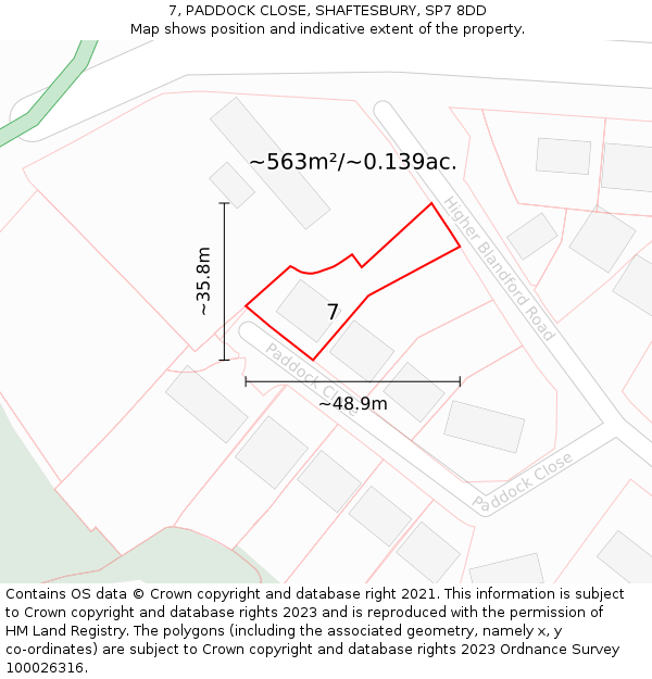 7, PADDOCK CLOSE, SHAFTESBURY, SP7 8DD: Plot and title map