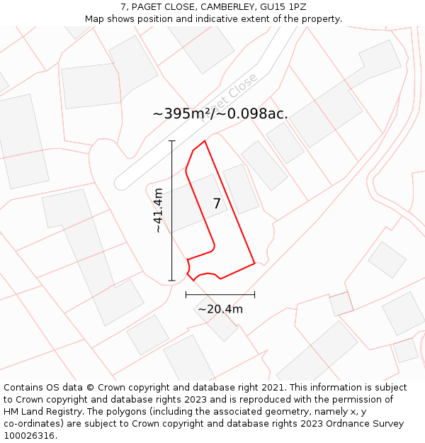 7, PAGET CLOSE, CAMBERLEY, GU15 1PZ: Plot and title map