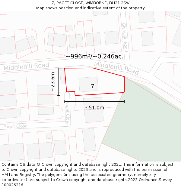 7, PAGET CLOSE, WIMBORNE, BH21 2SW: Plot and title map