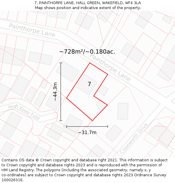 7, PAINTHORPE LANE, HALL GREEN, WAKEFIELD, WF4 3LA: Plot and title map