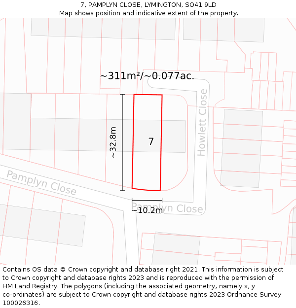 7, PAMPLYN CLOSE, LYMINGTON, SO41 9LD: Plot and title map