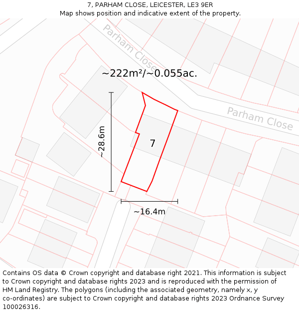7, PARHAM CLOSE, LEICESTER, LE3 9ER: Plot and title map