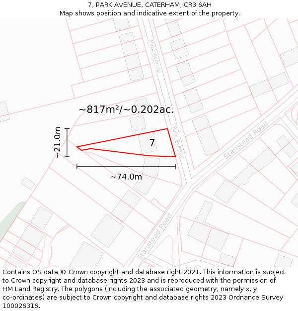 7, PARK AVENUE, CATERHAM, CR3 6AH: Plot and title map