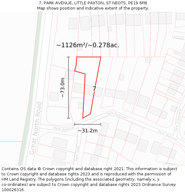 7, PARK AVENUE, LITTLE PAXTON, ST NEOTS, PE19 6PB: Plot and title map