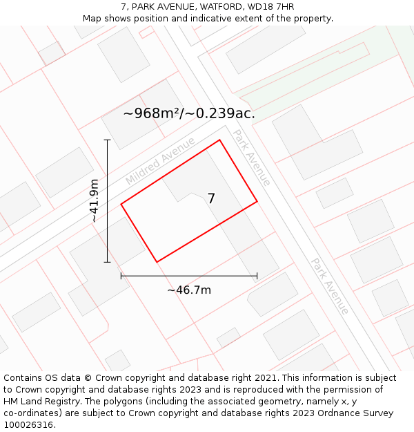 7, PARK AVENUE, WATFORD, WD18 7HR: Plot and title map
