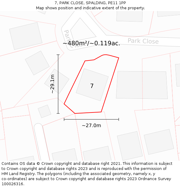 7, PARK CLOSE, SPALDING, PE11 1PP: Plot and title map