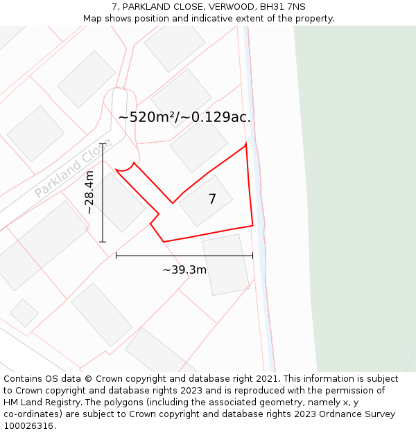 7, PARKLAND CLOSE, VERWOOD, BH31 7NS: Plot and title map