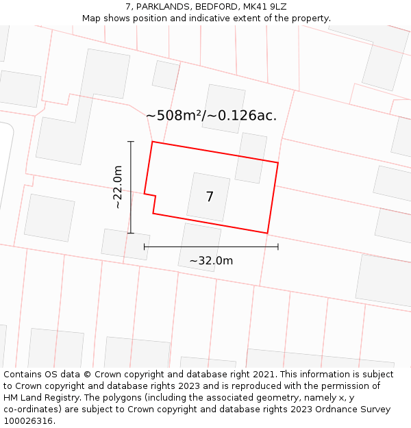 7, PARKLANDS, BEDFORD, MK41 9LZ: Plot and title map