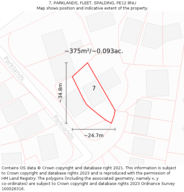 7, PARKLANDS, FLEET, SPALDING, PE12 8NU: Plot and title map