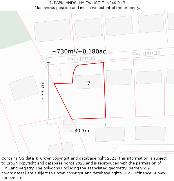 7, PARKLANDS, HALTWHISTLE, NE49 9HB: Plot and title map