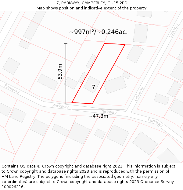 7, PARKWAY, CAMBERLEY, GU15 2PD: Plot and title map