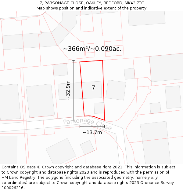 7, PARSONAGE CLOSE, OAKLEY, BEDFORD, MK43 7TG: Plot and title map