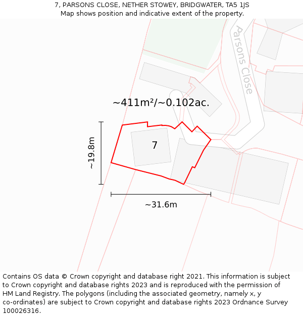 7, PARSONS CLOSE, NETHER STOWEY, BRIDGWATER, TA5 1JS: Plot and title map