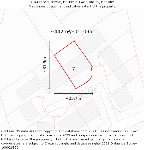 7, PARSONS GROVE, DENBY VILLAGE, RIPLEY, DE5 8PY: Plot and title map