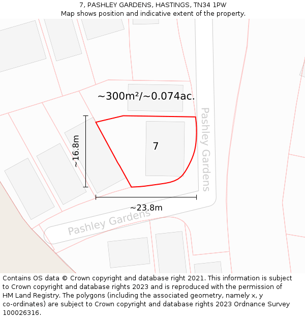 7, PASHLEY GARDENS, HASTINGS, TN34 1PW: Plot and title map