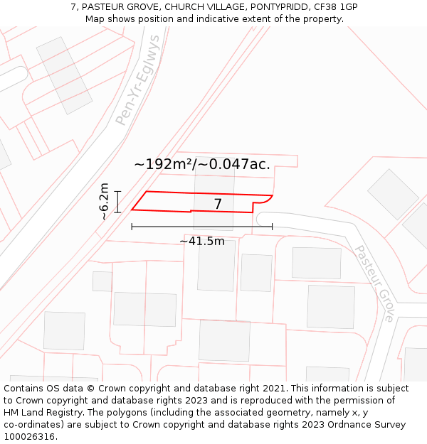 7, PASTEUR GROVE, CHURCH VILLAGE, PONTYPRIDD, CF38 1GP: Plot and title map