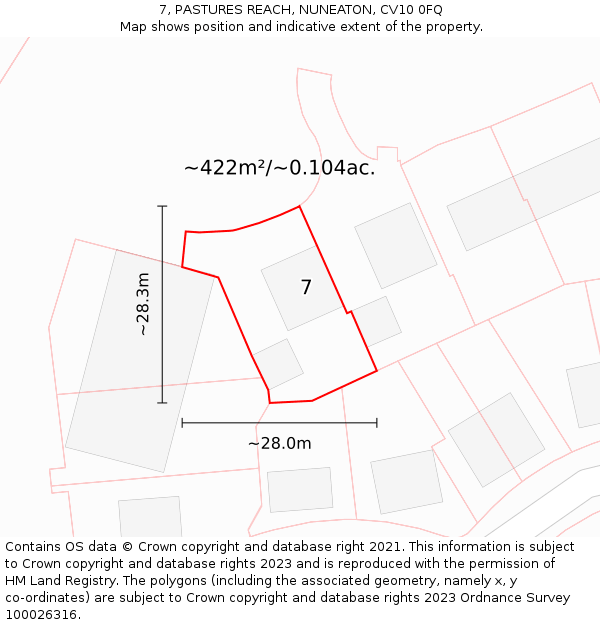 7, PASTURES REACH, NUNEATON, CV10 0FQ: Plot and title map