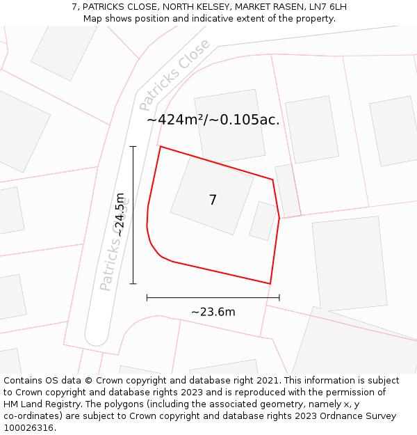 7, PATRICKS CLOSE, NORTH KELSEY, MARKET RASEN, LN7 6LH: Plot and title map