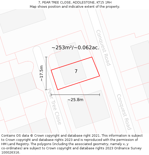 7, PEAR TREE CLOSE, ADDLESTONE, KT15 1RH: Plot and title map