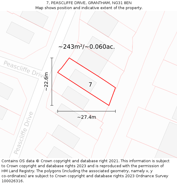 7, PEASCLIFFE DRIVE, GRANTHAM, NG31 8EN: Plot and title map