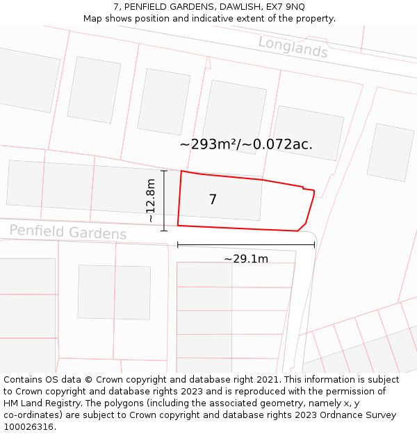 7, PENFIELD GARDENS, DAWLISH, EX7 9NQ: Plot and title map