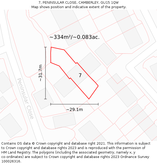 7, PENINSULAR CLOSE, CAMBERLEY, GU15 1QW: Plot and title map