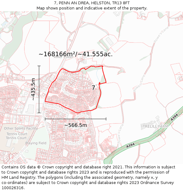 7, PENN AN DREA, HELSTON, TR13 8FT: Plot and title map