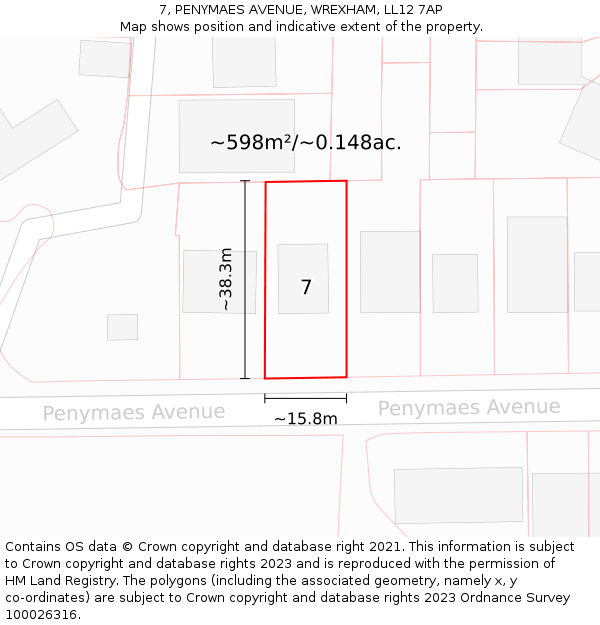 7, PENYMAES AVENUE, WREXHAM, LL12 7AP: Plot and title map