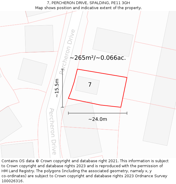 7, PERCHERON DRIVE, SPALDING, PE11 3GH: Plot and title map