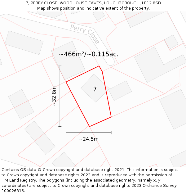 7, PERRY CLOSE, WOODHOUSE EAVES, LOUGHBOROUGH, LE12 8SB: Plot and title map