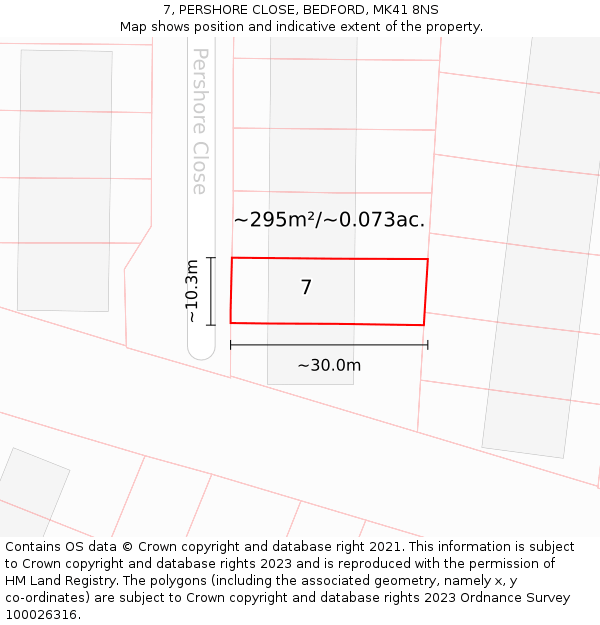 7, PERSHORE CLOSE, BEDFORD, MK41 8NS: Plot and title map