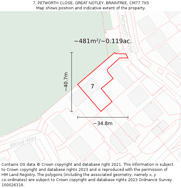 7, PETWORTH CLOSE, GREAT NOTLEY, BRAINTREE, CM77 7XS: Plot and title map