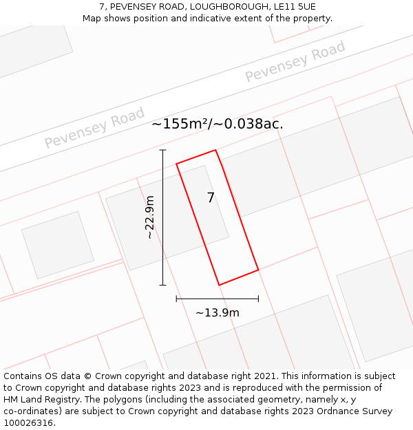 7, PEVENSEY ROAD, LOUGHBOROUGH, LE11 5UE: Plot and title map