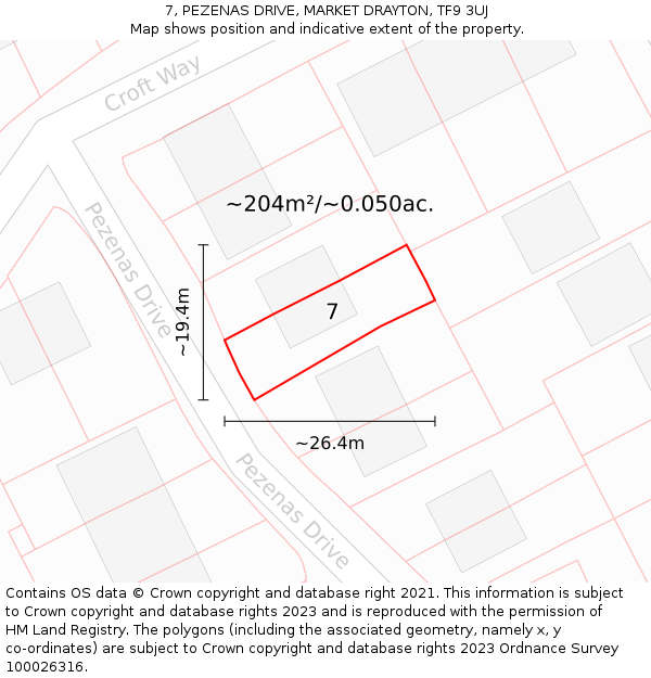 7, PEZENAS DRIVE, MARKET DRAYTON, TF9 3UJ: Plot and title map