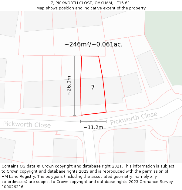 7, PICKWORTH CLOSE, OAKHAM, LE15 6FL: Plot and title map